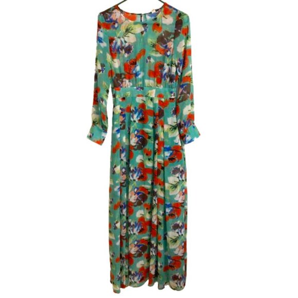 Funky Sole Maxi Dress NWT Chiffon LS Zipper Boho Elegant Colorful Floral, sz S - Picture 1 of 15